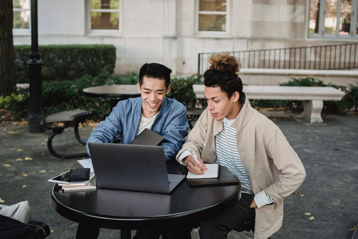 Studenci studiów magisterskich przygotowujący kandydaturę w alternance na laptopie
